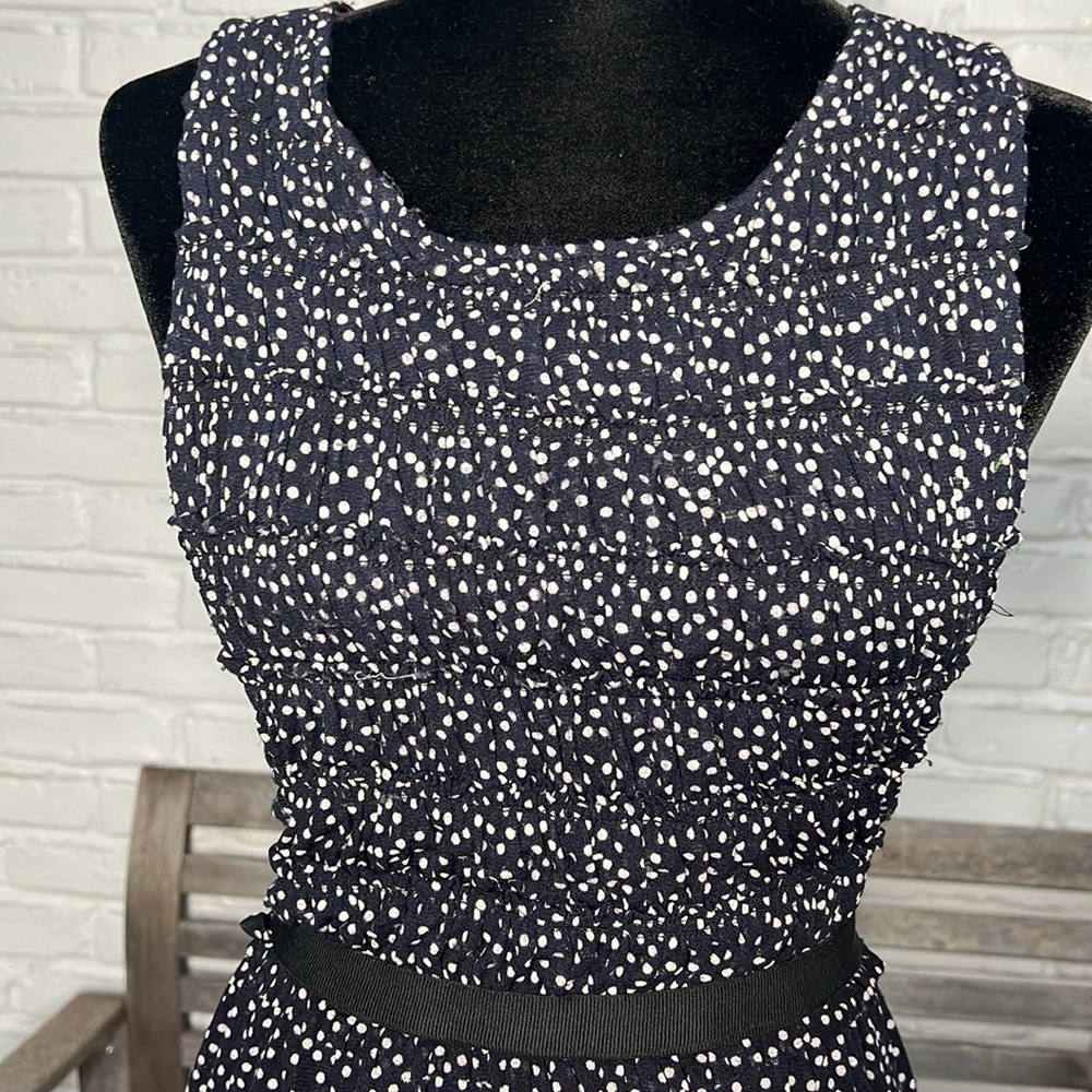 🔵 Anthropologie Navy & White Polka Dot Smocked Mesh Knee Length Dress, sz S
